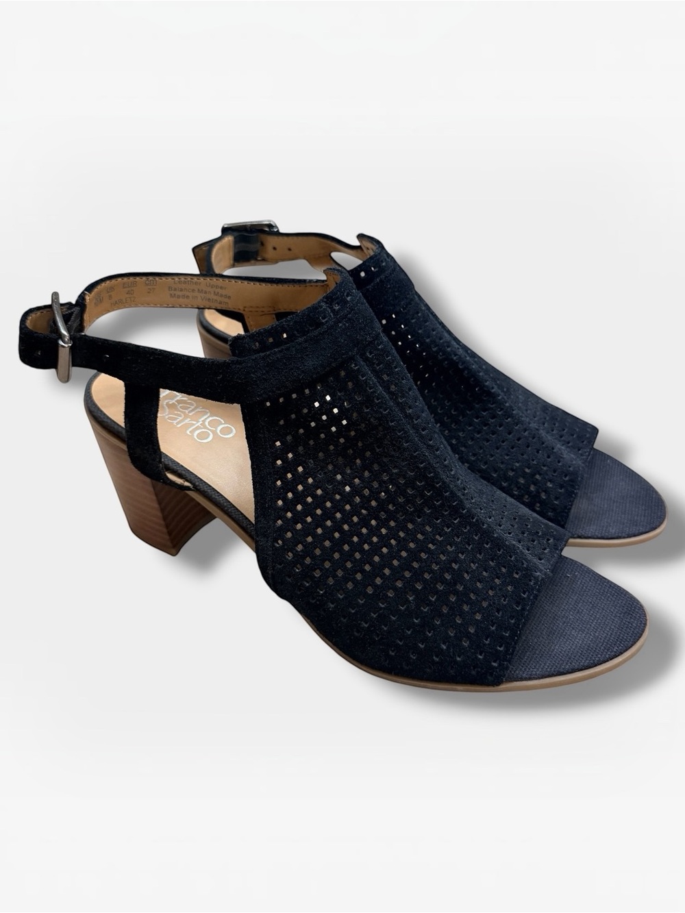 Franco Sarto Harlet Black Suede Perforated Peep Toe Slingback Heels Women’s 10
